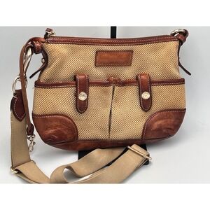 Vintage‎ Dooney & Bourke Crossbody Bag Tan Woven Tweed Leather Trim Casual Purse